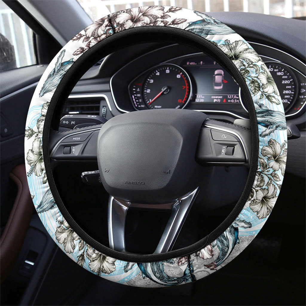 Masefau American Samoa Steering Wheel Cover Vintage Whale Hibiscus Ocean Waves TS04 - Polynesian Pride