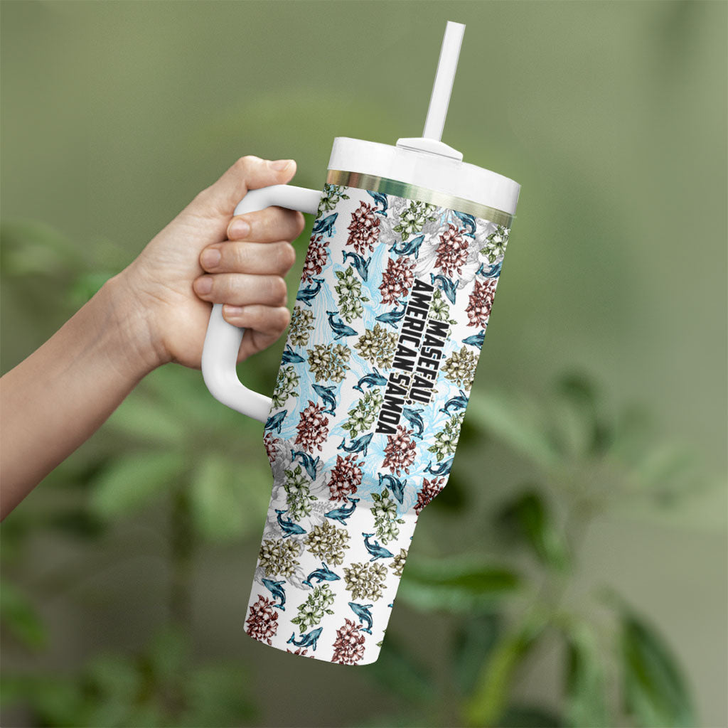Personalized Masefau American Samoa Tumbler With Handle Vintage Whale Hibiscus Ocean Waves TS04 - Polynesian Pride