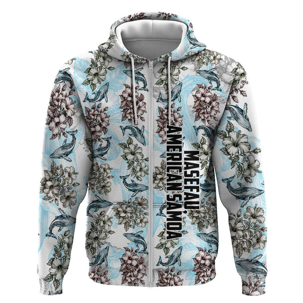 Personalized Masefau American Samoa Zip Hoodie Vintage Whale Hibiscus Ocean Waves TS04 Zip Hoodie White Blue - Polynesian Pride