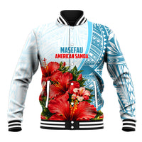 Personalized American Samoa Masefau Baseball Jacket Hibiscus Tropical Floral Whale Polynesian Tribal Pattern TS04 Unisex White Blue - Polynesian Pride