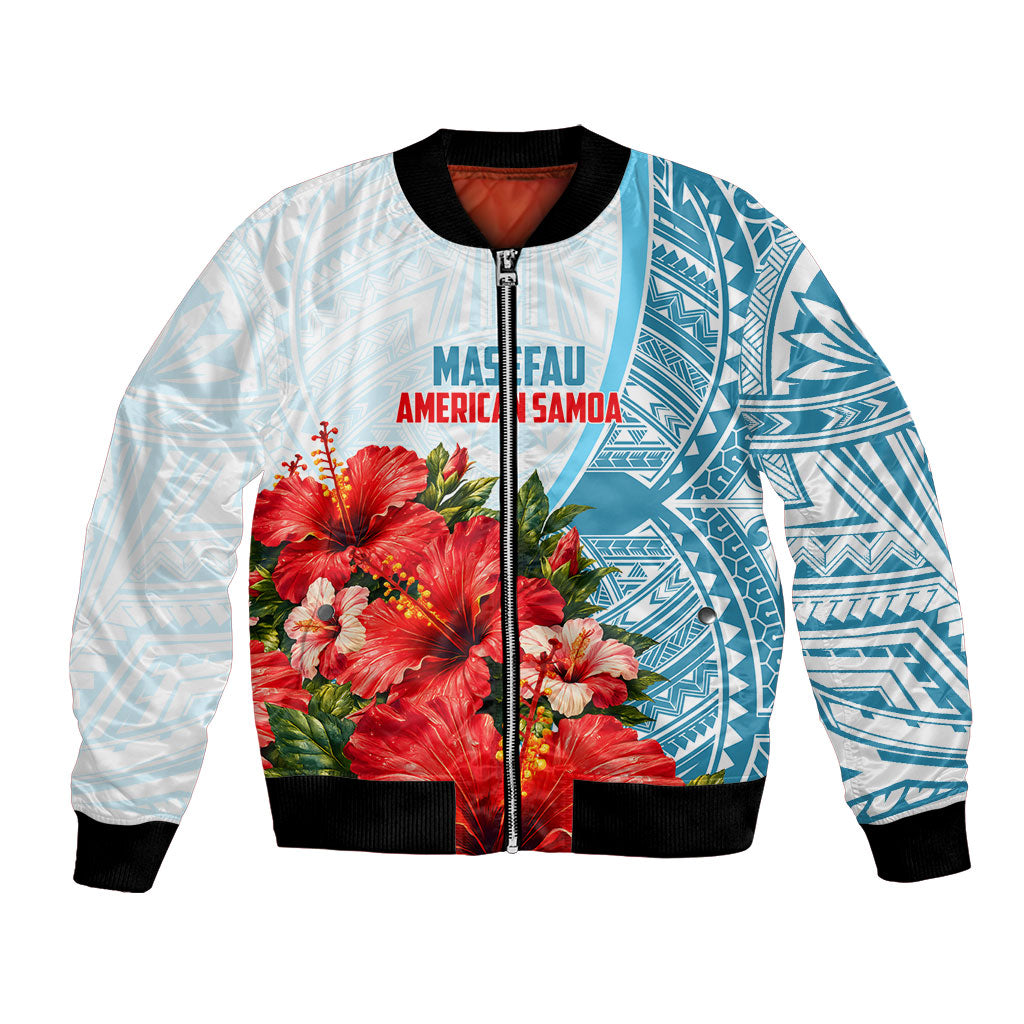 Personalized American Samoa Masefau Bomber Jacket Hibiscus Tropical Floral Whale Polynesian Tribal Pattern TS04 Unisex White Blue - Polynesian Pride