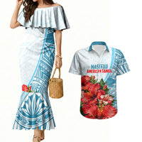 Personalized American Samoa Masefau Couples Matching Mermaid Dress and Hawaiian Shirt Hibiscus Tropical Floral Whale Polynesian Tribal Pattern TS04 White Blue - Polynesian Pride