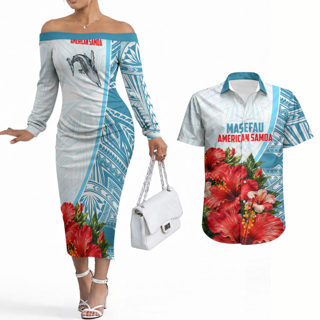Personalized American Samoa Masefau Couples Matching Off The Shoulder Long Sleeve Dress and Hawaiian Shirt Hibiscus Tropical Floral Whale Polynesian Tribal Pattern TS04 White Blue - Polynesian Pride