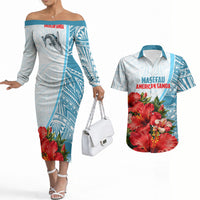 Personalized American Samoa Masefau Couples Matching Off The Shoulder Long Sleeve Dress and Hawaiian Shirt Hibiscus Tropical Floral Whale Polynesian Tribal Pattern TS04 White Blue - Polynesian Pride