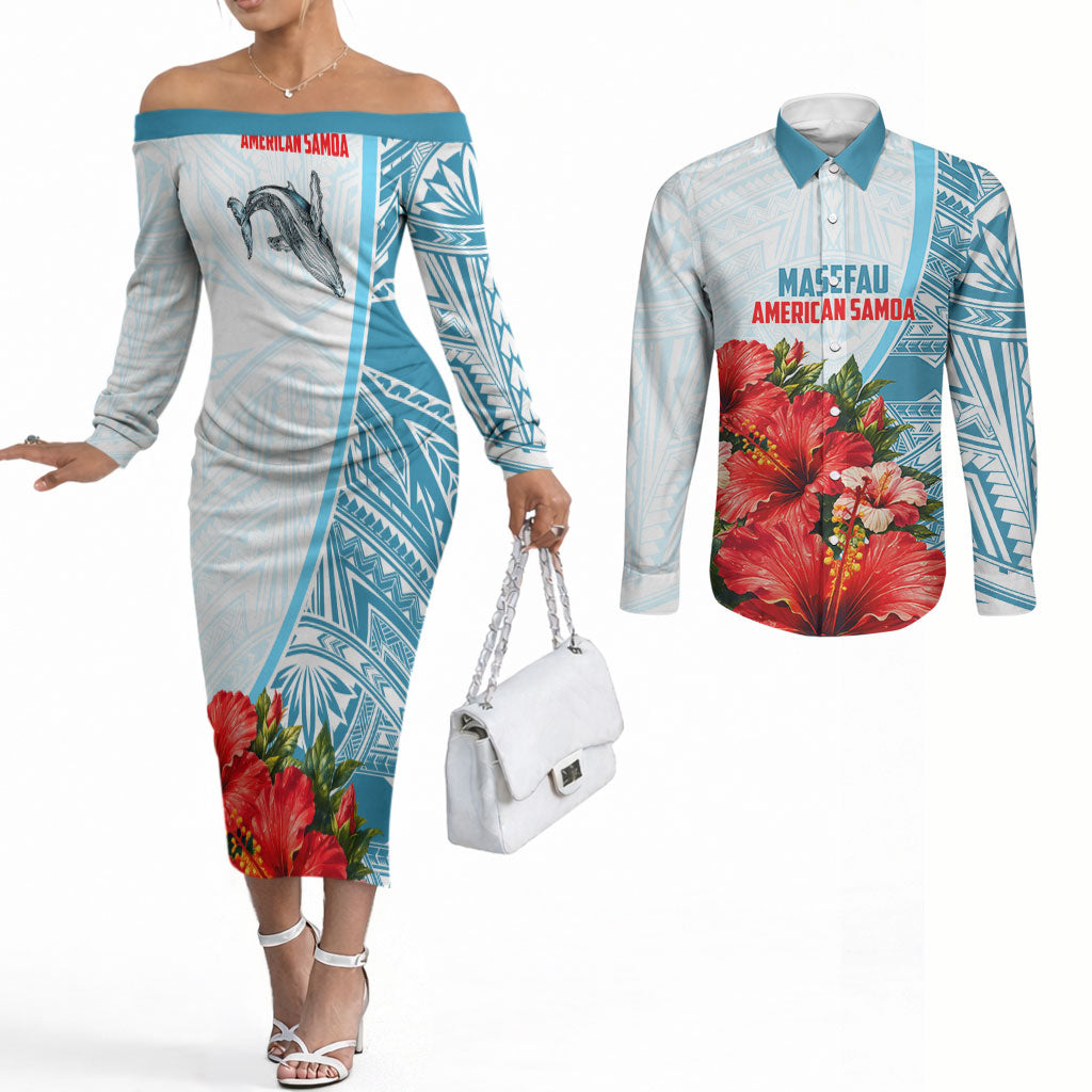 Personalized American Samoa Masefau Couples Matching Off The Shoulder Long Sleeve Dress and Long Sleeve Button Shirt Hibiscus Tropical Floral Whale Polynesian Tribal Pattern TS04 White Blue - Polynesian Pride