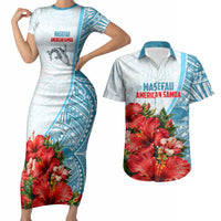 Personalized American Samoa Masefau Couples Matching Short Sleeve Bodycon Dress and Hawaiian Shirt Hibiscus Tropical Floral Whale Polynesian Tribal Pattern TS04 White Blue - Polynesian Pride