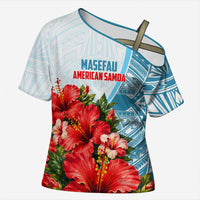 Personalized American Samoa Masefau Cross Shoulder Shirt Hibiscus Tropical Floral Whale Polynesian Tribal Pattern TS04 Female White Blue - Polynesian Pride