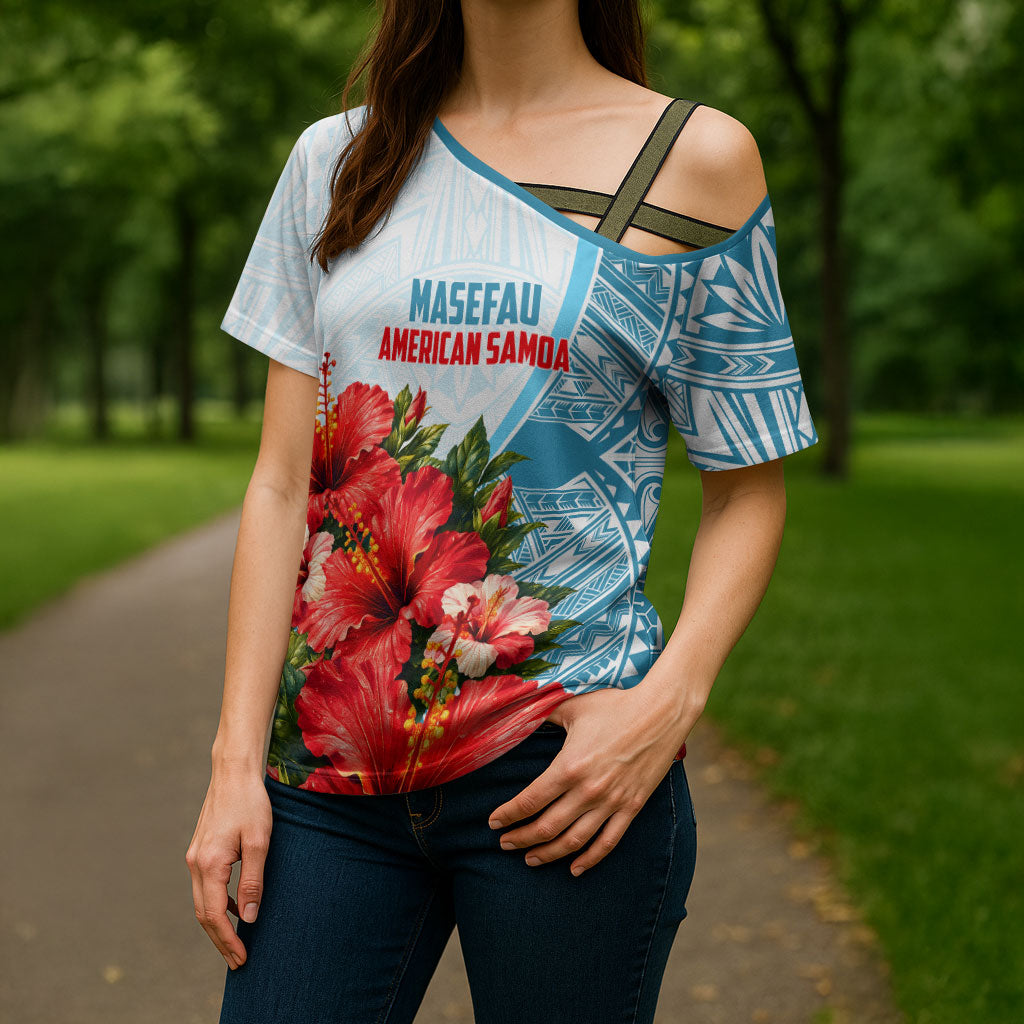 Personalized American Samoa Masefau Cross Shoulder Shirt Hibiscus Tropical Floral Whale Polynesian Tribal Pattern TS04 - Polynesian Pride
