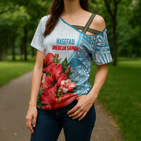 Personalized American Samoa Masefau Cross Shoulder Shirt Hibiscus Tropical Floral Whale Polynesian Tribal Pattern TS04 - Polynesian Pride