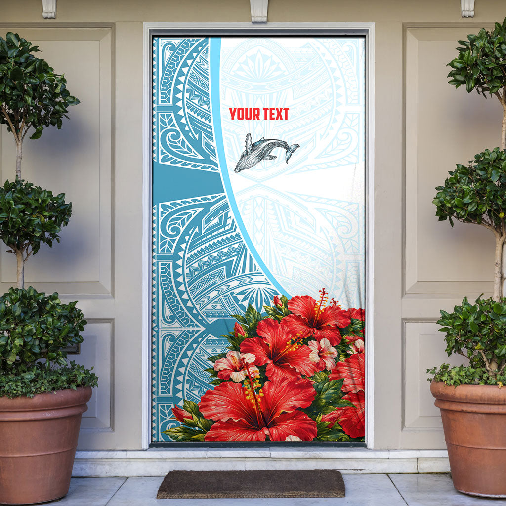 Personalized American Samoa Masefau Door Cover Hibiscus Tropical Floral Whale Polynesian Tribal Pattern TS04 White Blue - Polynesian Pride