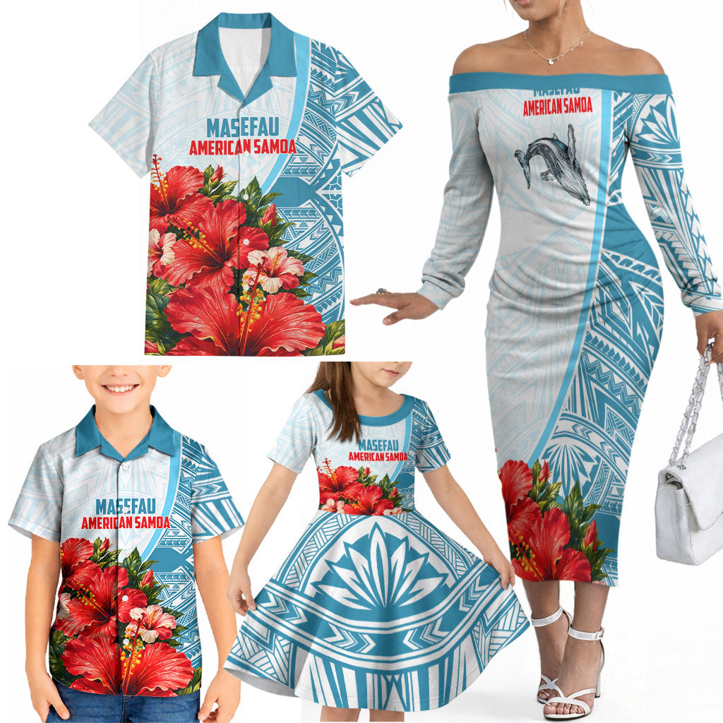 Personalized American Samoa Masefau Family Matching Off The Shoulder Long Sleeve Dress and Hawaiian Shirt Hibiscus Tropical Floral Whale Polynesian Tribal Pattern TS04 - Polynesian Pride
