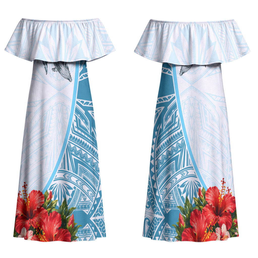 Personalized American Samoa Masefau Family Matching Off Shoulder Maxi Dress and Hawaiian Shirt Hibiscus Tropical Floral Whale Polynesian Tribal Pattern TS04 Mom's Dress White Blue - Polynesian Pride