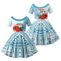 Personalized American Samoa Masefau Family Matching Off Shoulder Maxi Dress and Hawaiian Shirt Hibiscus Tropical Floral Whale Polynesian Tribal Pattern TS04 Daughter's Dress White Blue - Polynesian Pride