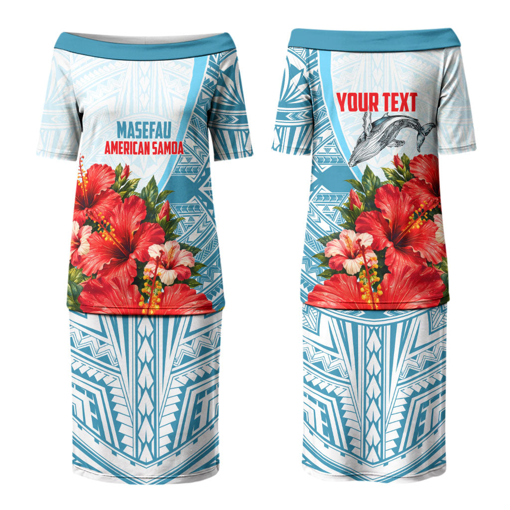 Personalized American Samoa Masefau Family Matching Puletasi and Hawaiian Shirt Hibiscus Tropical Floral Whale Polynesian Tribal Pattern TS04 Mom's Dress White Blue - Polynesian Pride