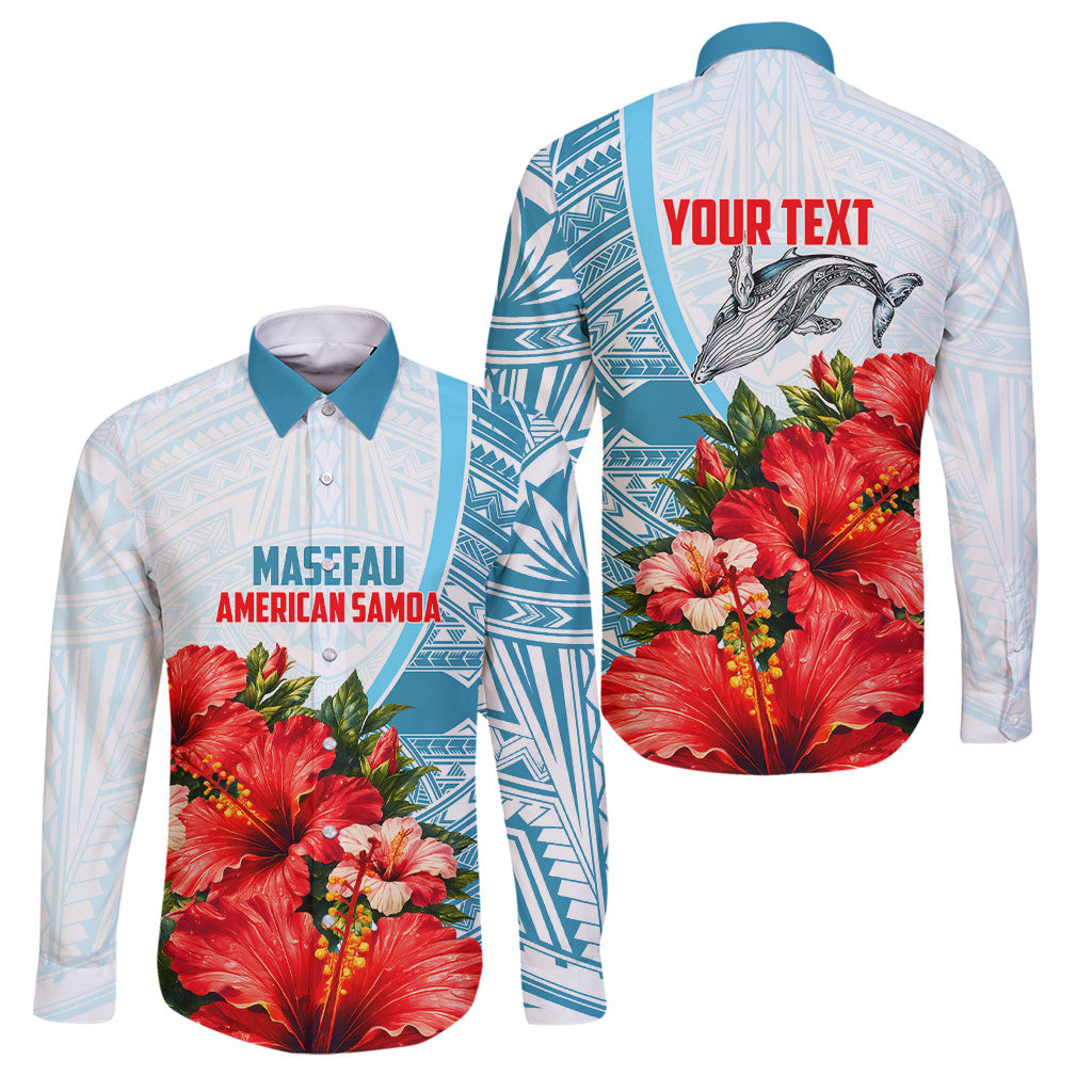Personalized American Samoa Masefau Family Matching Puletasi and Hawaiian Shirt Hibiscus Tropical Floral Whale Polynesian Tribal Pattern TS04 Dad's Shirt - Long Sleeve White Blue - Polynesian Pride