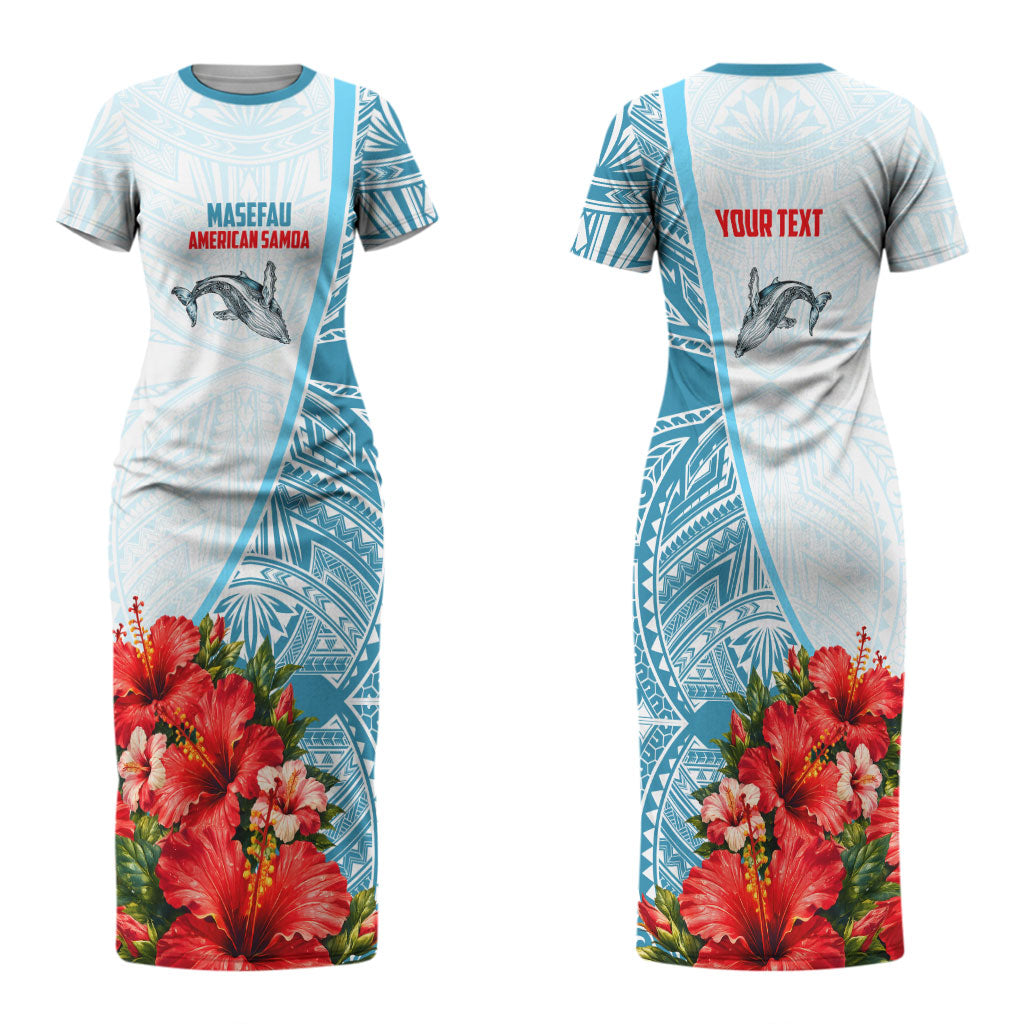 Personalized American Samoa Masefau Family Matching Short Sleeve Bodycon Dress and Hawaiian Shirt Hibiscus Tropical Floral Whale Polynesian Tribal Pattern TS04 Mom's Dress White Blue - Polynesian Pride