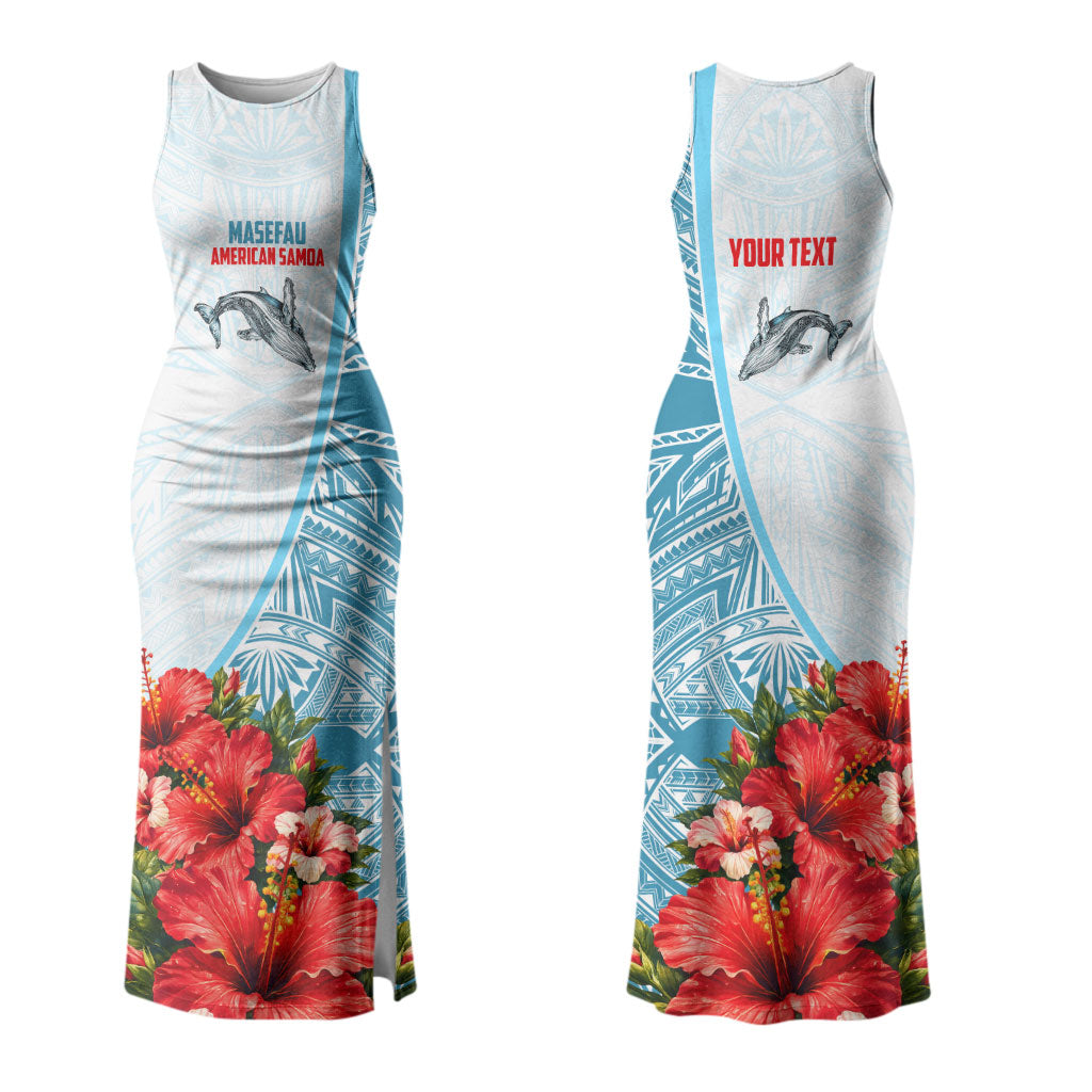 Personalized American Samoa Masefau Family Matching Tank Maxi Dress and Hawaiian Shirt Hibiscus Tropical Floral Whale Polynesian Tribal Pattern TS04 Mom's Dress White Blue - Polynesian Pride