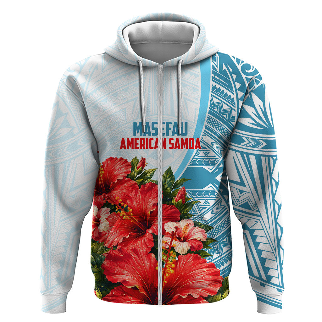 Personalized American Samoa Masefau Hoodie Hibiscus Tropical Floral Whale Polynesian Tribal Pattern TS04 Zip Hoodie White Blue - Polynesian Pride