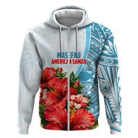 Personalized American Samoa Masefau Hoodie Hibiscus Tropical Floral Whale Polynesian Tribal Pattern TS04 Zip Hoodie White Blue - Polynesian Pride