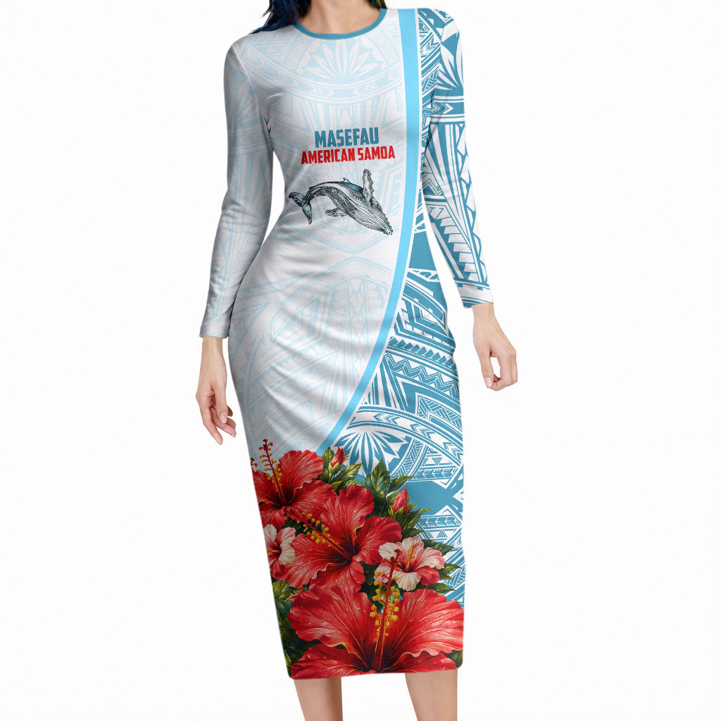 Personalized American Samoa Masefau Long Sleeve Bodycon Dress Hibiscus Tropical Floral Whale Polynesian Tribal Pattern TS04 Long Dress White Blue - Polynesian Pride