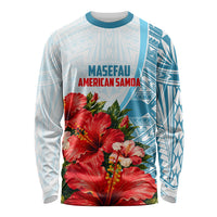 Personalized American Samoa Masefau Long Sleeve Shirt Hibiscus Tropical Floral Whale Polynesian Tribal Pattern TS04 Unisex White Blue - Polynesian Pride