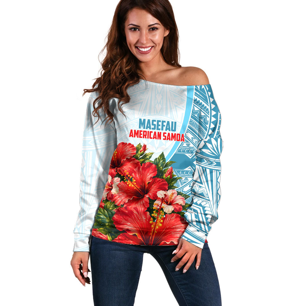 Personalized American Samoa Masefau Off Shoulder Sweater Hibiscus Tropical Floral Whale Polynesian Tribal Pattern TS04 Women White Blue - Polynesian Pride