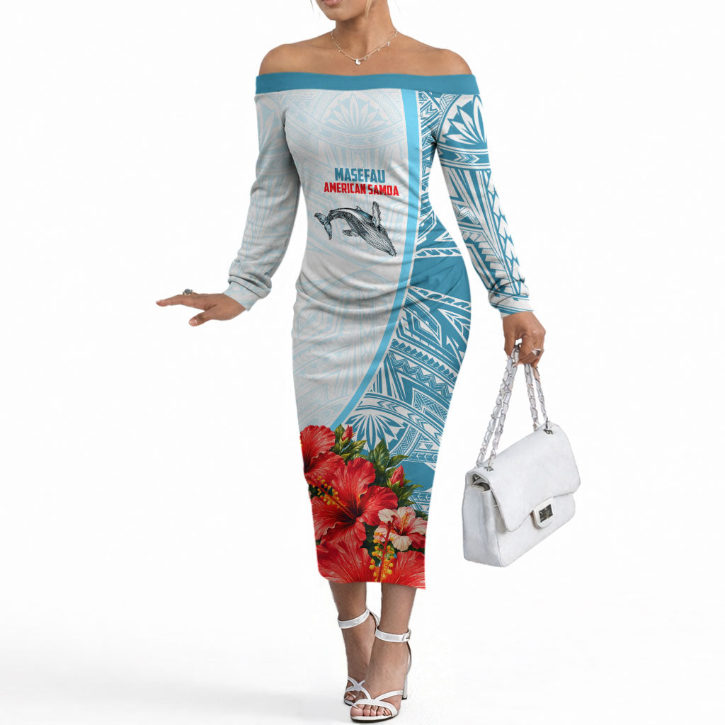 Personalized American Samoa Masefau Off The Shoulder Long Sleeve Dress Hibiscus Tropical Floral Whale Polynesian Tribal Pattern TS04 Women White Blue - Polynesian Pride