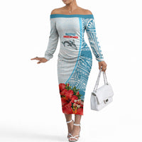 Personalized American Samoa Masefau Off The Shoulder Long Sleeve Dress Hibiscus Tropical Floral Whale Polynesian Tribal Pattern TS04 Women White Blue - Polynesian Pride