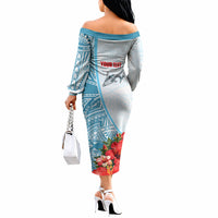 Personalized American Samoa Masefau Off The Shoulder Long Sleeve Dress Hibiscus Tropical Floral Whale Polynesian Tribal Pattern TS04 - Polynesian Pride