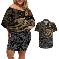 Polynesian Couples Matching Off Shoulder Short Dress and Hawaiian Shirt Hammerhead Shark Tribal Pattern TS04 Black Yellow - Polynesian Pride