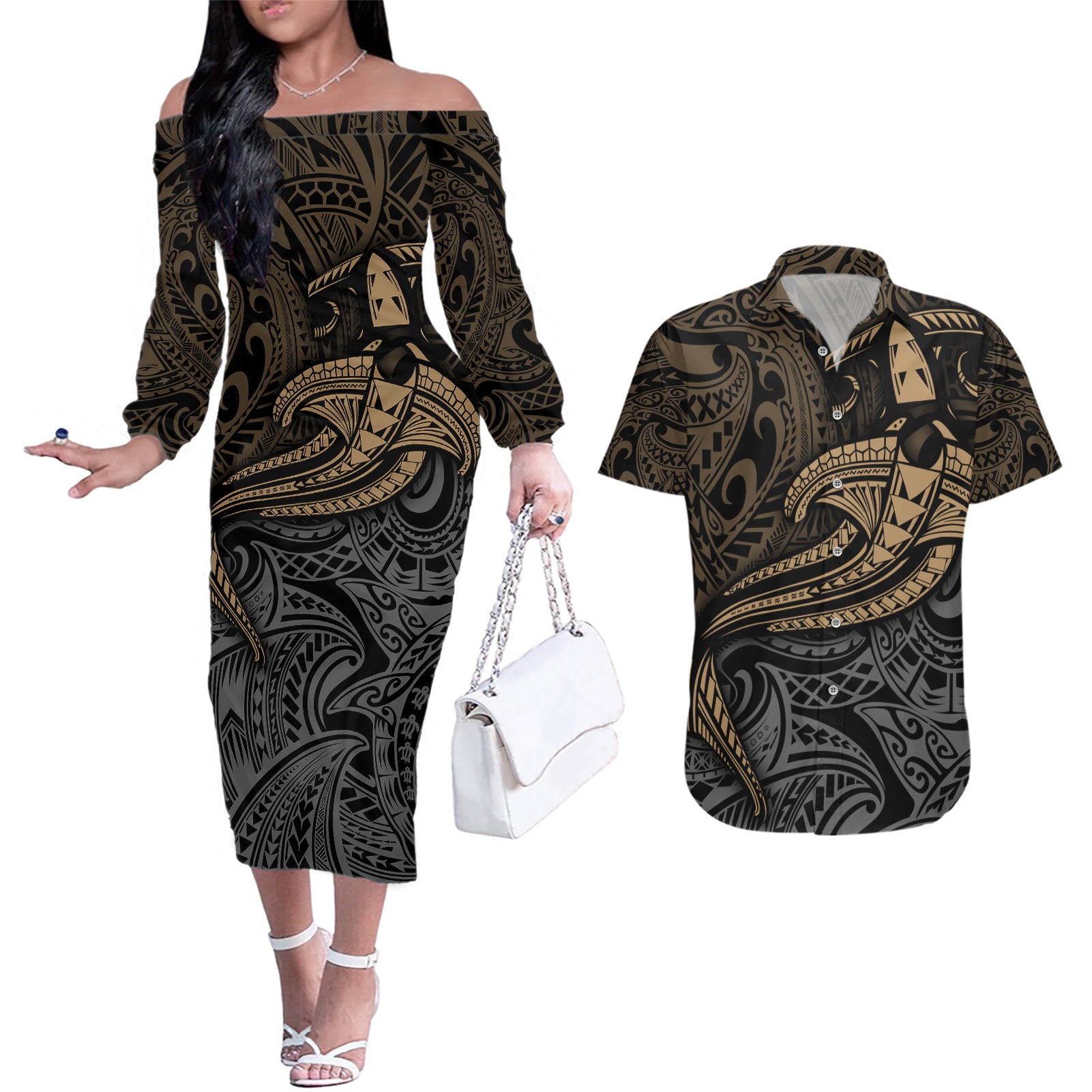 Polynesian Couples Matching Off The Shoulder Long Sleeve Dress and Hawaiian Shirt Hammerhead Shark Tribal Pattern TS04 Black/Yellow - Polynesian Pride