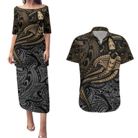 Polynesian Couples Matching Puletasi Dress and Hawaiian Shirt Hammerhead Shark Tribal Pattern TS04 Black Yellow - Polynesian Pride