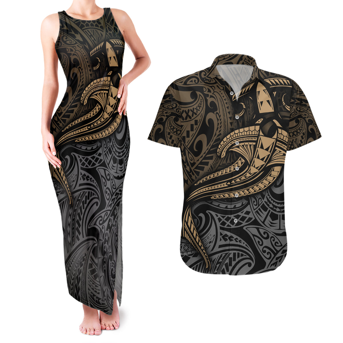 Polynesian Couples Matching Tank Maxi Dress and Hawaiian Shirt Hammerhead Shark Tribal Pattern TS04 Black Yellow - Polynesian Pride