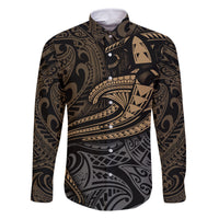 Polynesian Family Matching Long Sleeve Bodycon Dress and Hawaiian Shirt Hammerhead Shark Tribal Pattern TS04 Dad's Shirt - Long Sleeve Black Yellow - Polynesian Pride