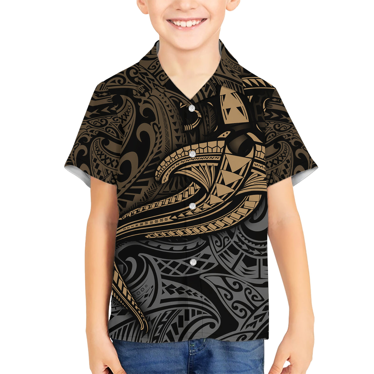 Polynesian Kid Hawaiian Shirt Hammerhead Shark Tribal Pattern TS04 Kid Black/Yellow - Polynesian Pride