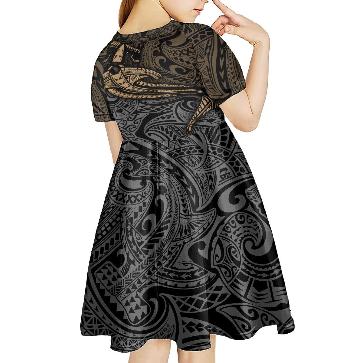 Polynesian Kid Short Sleeve Dress Hammerhead Shark Tribal Pattern TS04 - Polynesian Pride