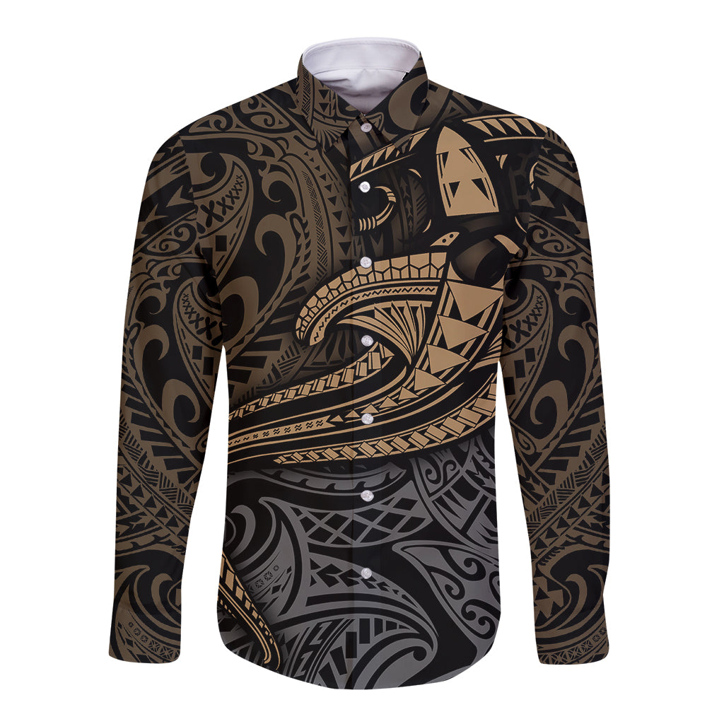 Polynesian Long Sleeve Button Shirt Hammerhead Shark Tribal Pattern TS04 Unisex Black Yellow - Polynesian Pride