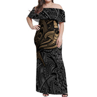 Polynesian Off Shoulder Maxi Dress Hammerhead Shark Tribal Pattern TS04 Women Black Yellow - Polynesian Pride