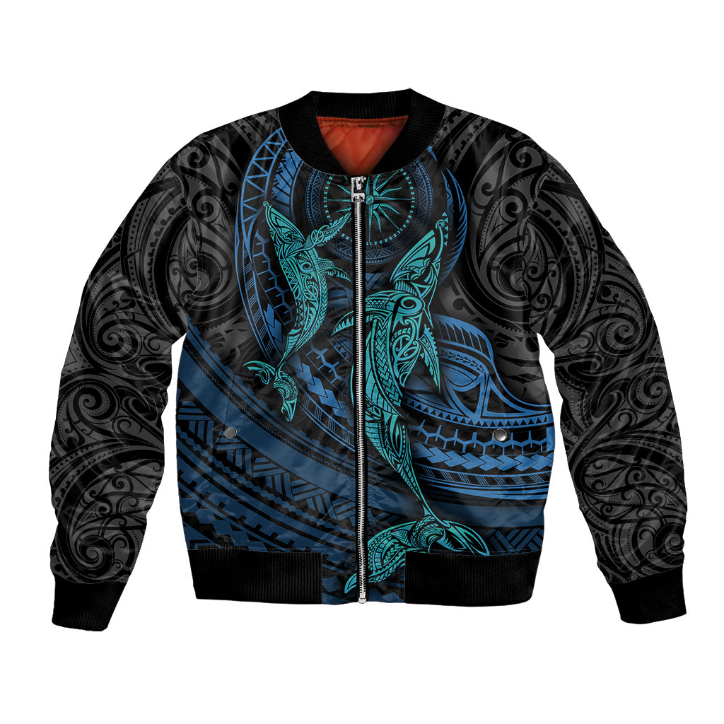 Polynesian Whale Bomber Jacket TS04 Unisex Black/Cyan - Polynesian Pride
