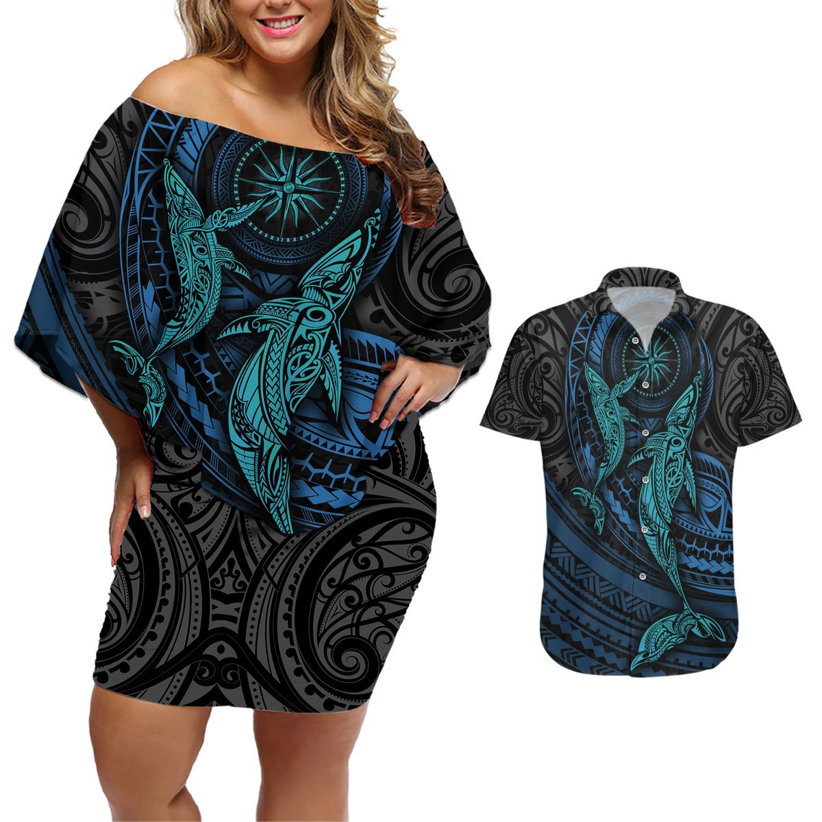 Polynesian Whale Couples Matching Off Shoulder Short Dress and Hawaiian Shirt TS04 Black Cyan - Polynesian Pride