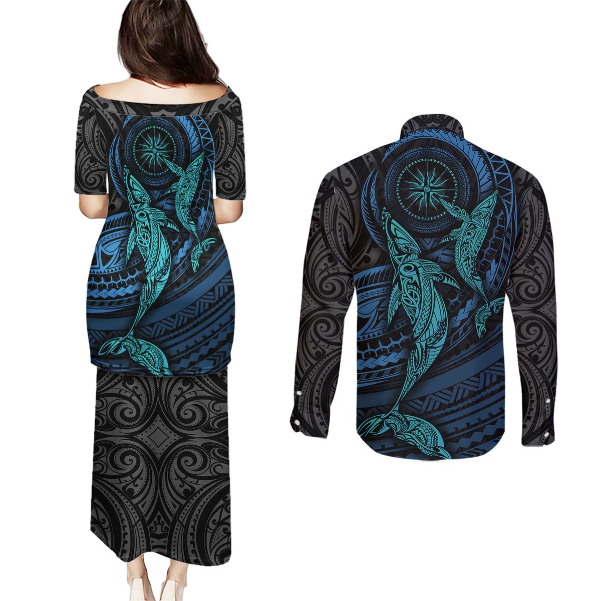 Polynesian Whale Couples Matching Puletasi Dress and Long Sleeve Button Shirts TS04 - Polynesian Pride