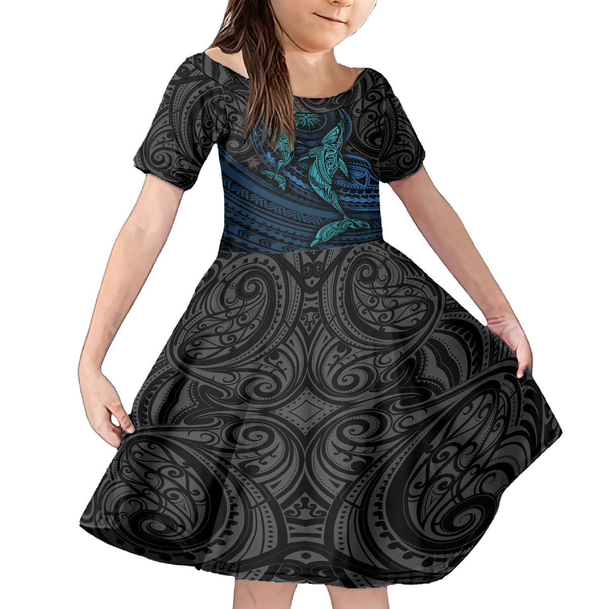 Polynesian Whale Family Matching Long Sleeve Bodycon Dress and Hawaiian Shirt TS04 Daughter's Dress Black Cyan - Polynesian Pride