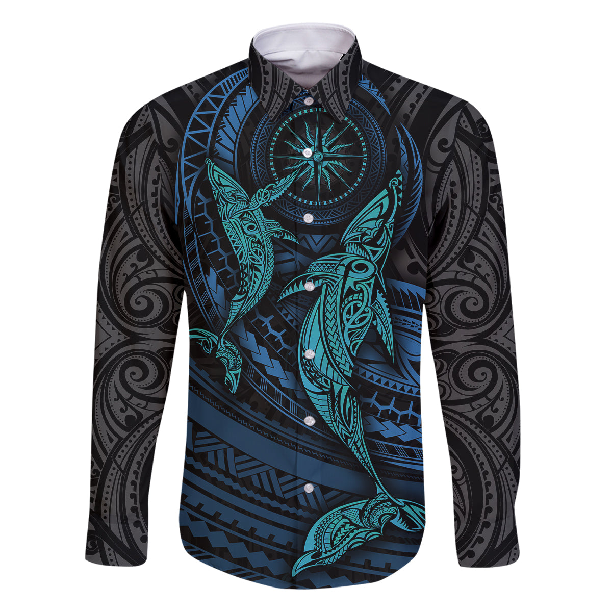 Polynesian Whale Family Matching Mermaid Dress and Hawaiian Shirt TS04 Dad's Shirt - Long Sleeve Black/Cyan - Polynesian Pride