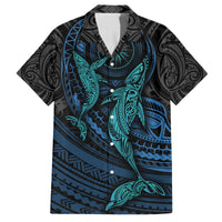Polynesian Whale Family Matching Off Shoulder Maxi Dress and Hawaiian Shirt TS04 Dad's Shirt - Short Sleeve Black/Cyan - Polynesian Pride