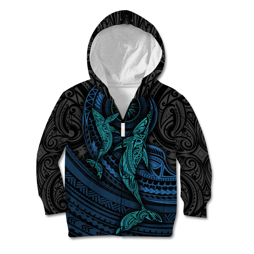 Polynesian Whale Kid Hoodie TS04 Zip Hoodie Black Cyan - Polynesian Pride