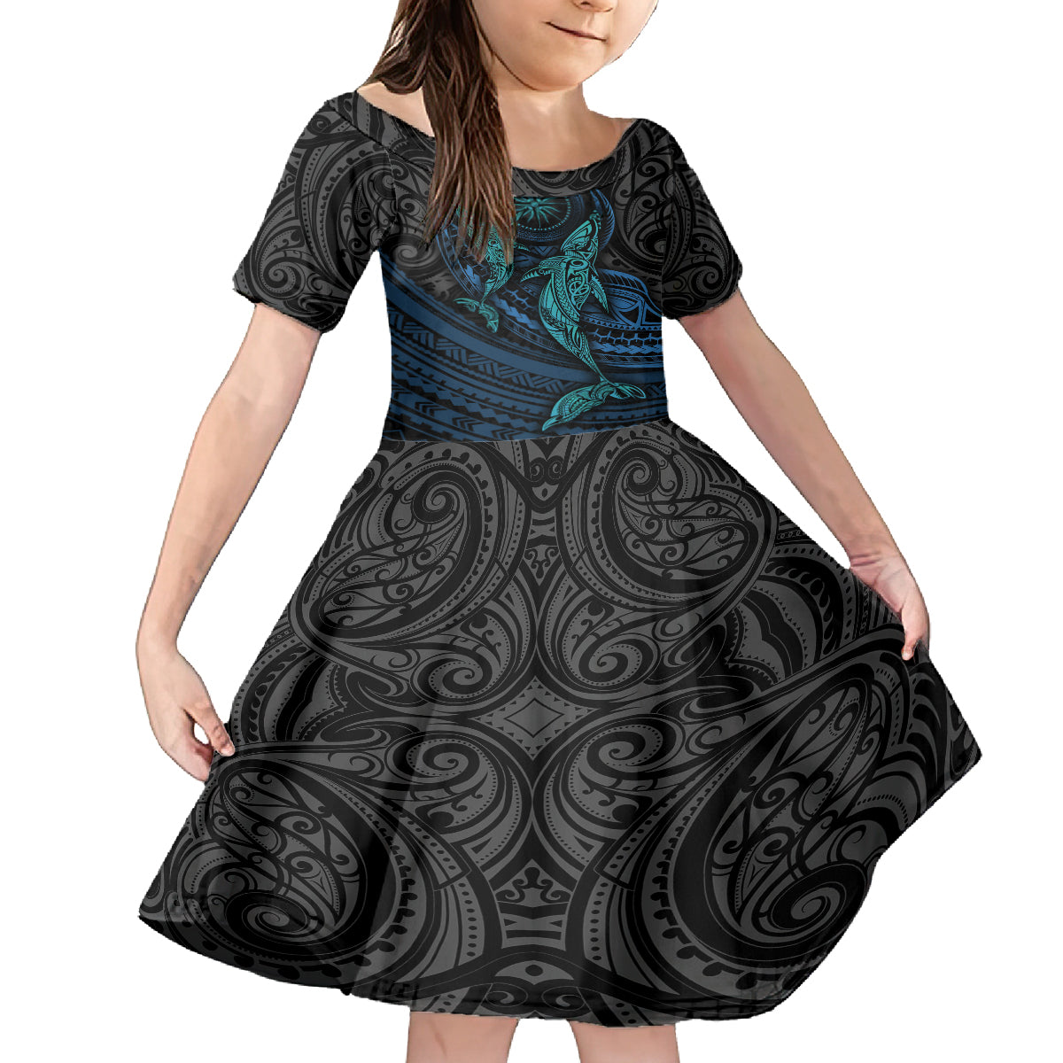 Polynesian Whale Kid Short Sleeve Dress TS04 KID Black Cyan - Polynesian Pride