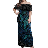 Polynesian Whale Off Shoulder Maxi Dress TS04 Women Black Cyan - Polynesian Pride