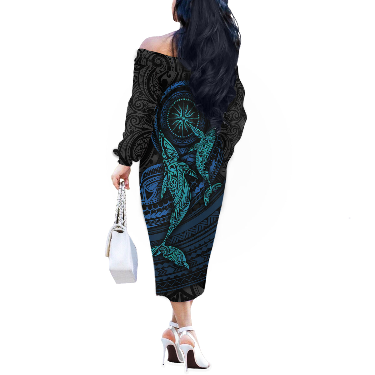 Polynesian Whale Off The Shoulder Long Sleeve Dress TS04 - Polynesian Pride
