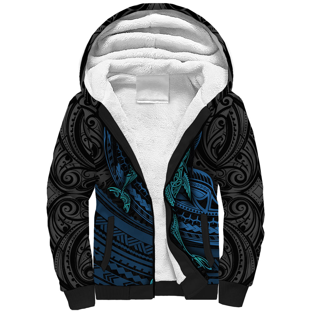 Polynesian Whale Sherpa Hoodie TS04 Unisex Black/Cyan - Polynesian Pride