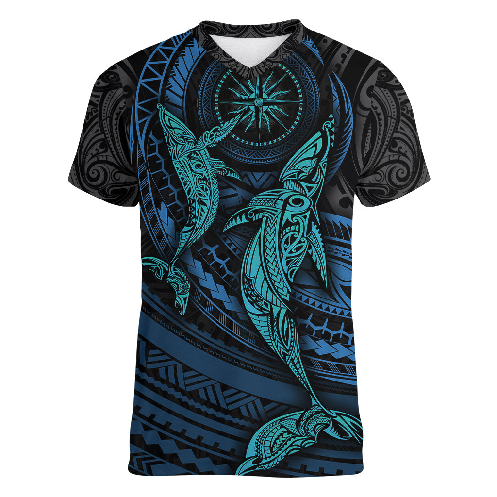 Polynesian Whale Women V Neck T Shirt TS04 Female Black/Cyan - Polynesian Pride